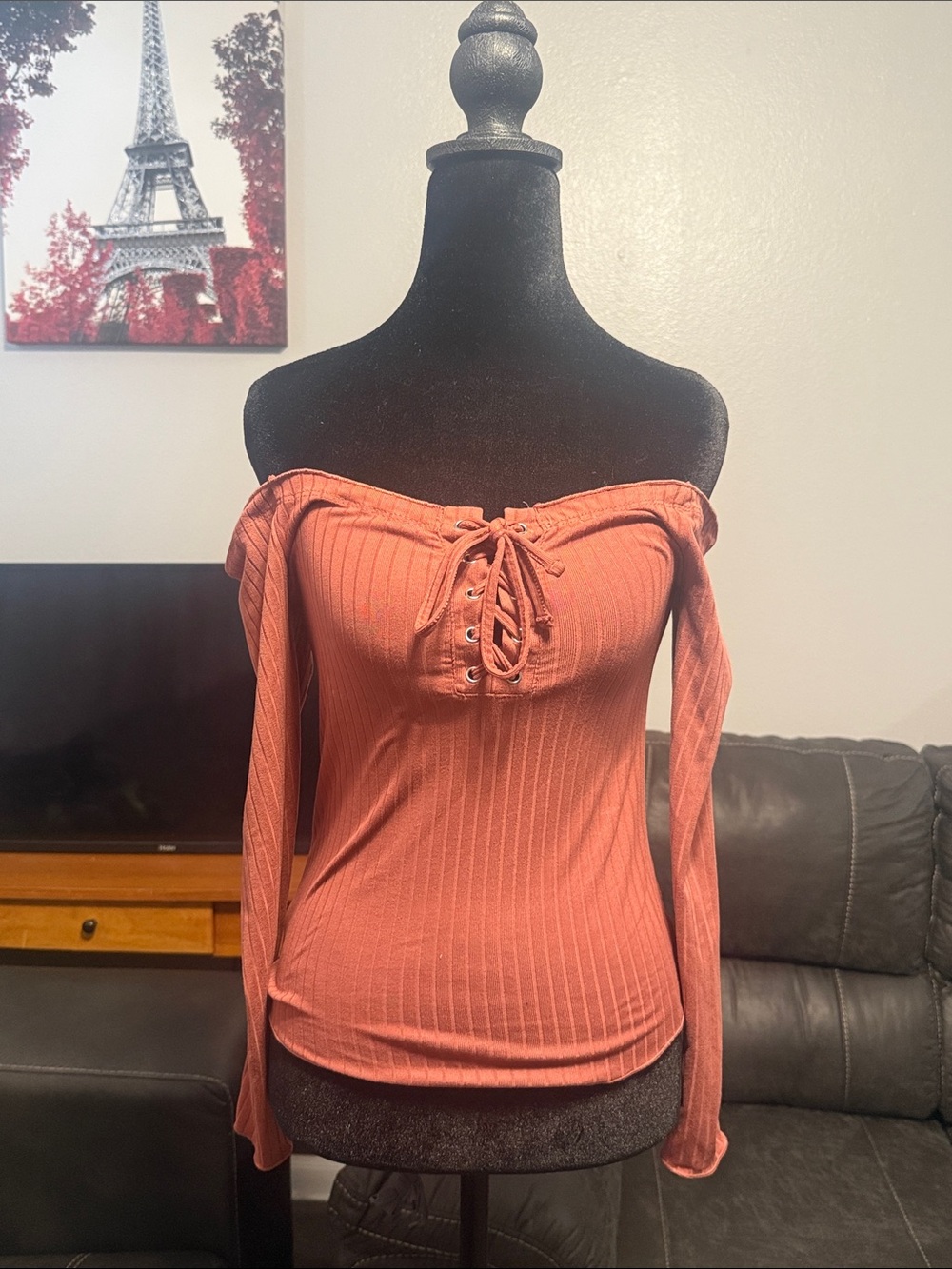Rue21 Rust Ribbed Off-Shoulder Lace-Up Long Sleeve Top